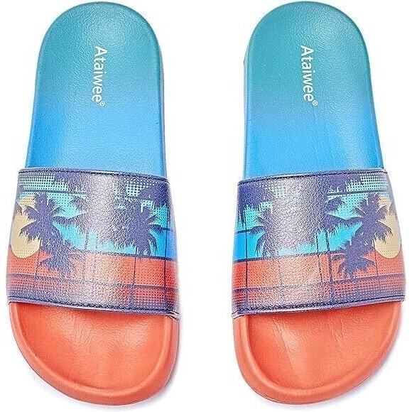 NEW Beach Slides Sandals Size 11 Sunset Palm Tree Blue Slip On Comfort Unisex - Picture 3 of 6